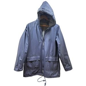 Rain Slicks Hooded Rain Jacket Womens L Periwinkle Blue PVC Lined Plaid Preppy